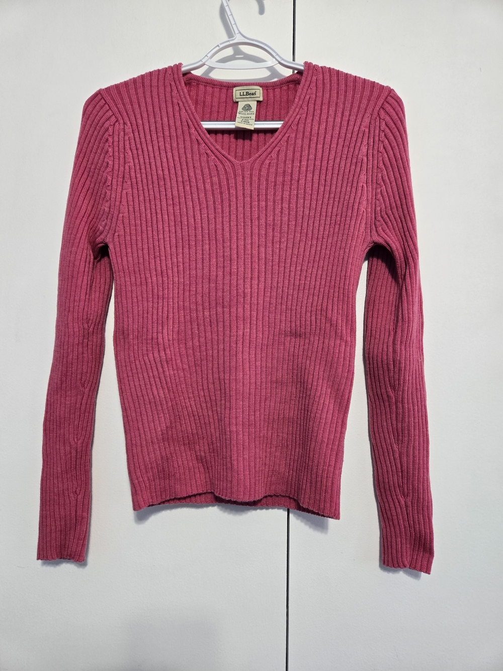L.L.Bean Merino Wool Ribbed V Neck Sweater Women S Pink Woolmark Preppy